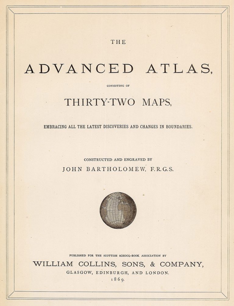 Title page of an 1869 Collins atlas, printed for the Scottish School Book Association and featuring Bartholomew maps.