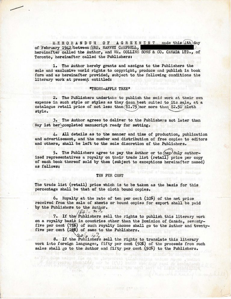 Original contract for Thorn-Apple Tree