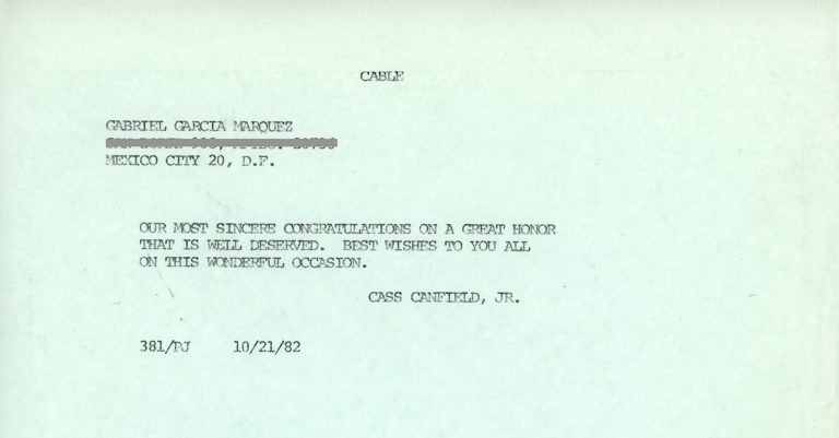 Telegram dated October 21, 1982, in which Harper editor Cass Canfield Jr. congratulates Gabriel García Márquez on winning the Pulitzer Prize for One Hundred Years of Solitude.