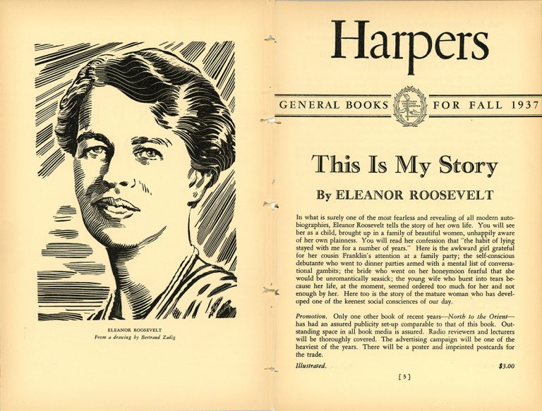 A page from the Fall 1937 Harper & Brothers catalog touting This Is My Story by Eleanor Roosevelt.