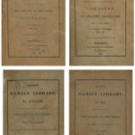 Title pages of several books featured in Harper’s Family Library in the 1830s, including The History of the Bible and The Lives of Celebrated Travelers.