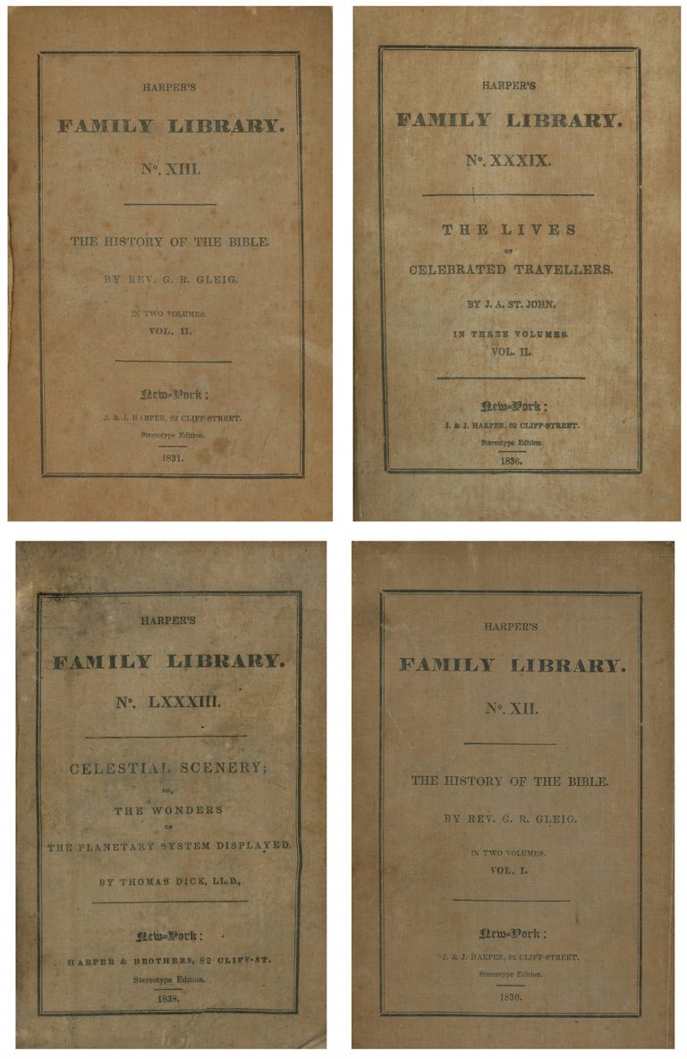 Title pages of several books featured in Harper’s Family Library in the 1830s, including The History of the Bible and The Lives of Celebrated Travelers.