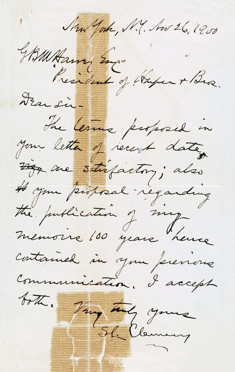 A 1900 letter from Mark Twain (Samuel Clemens) to Harper & Brothers confirming their publishing agreement.