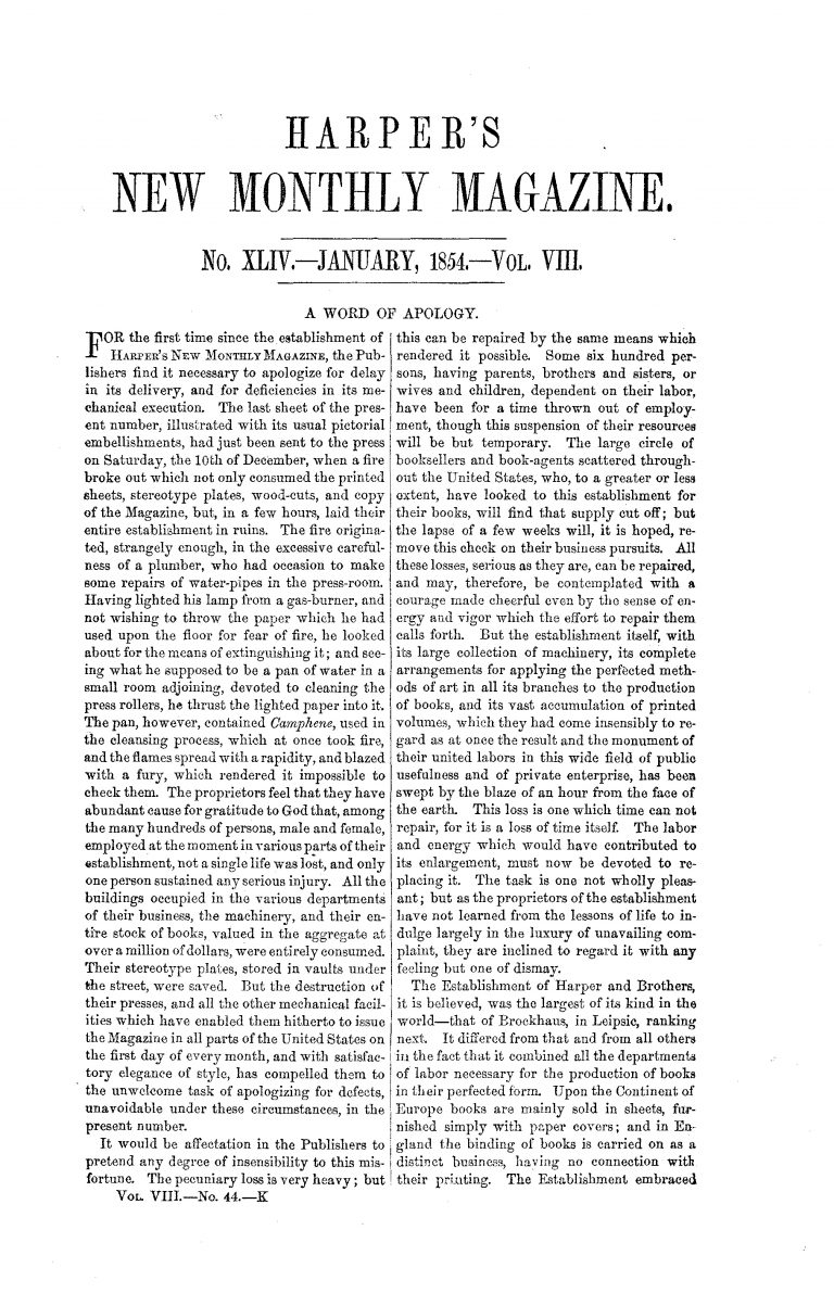 “A Word of Apology” from Harper & Brothers regarding the Harper fire of 1853