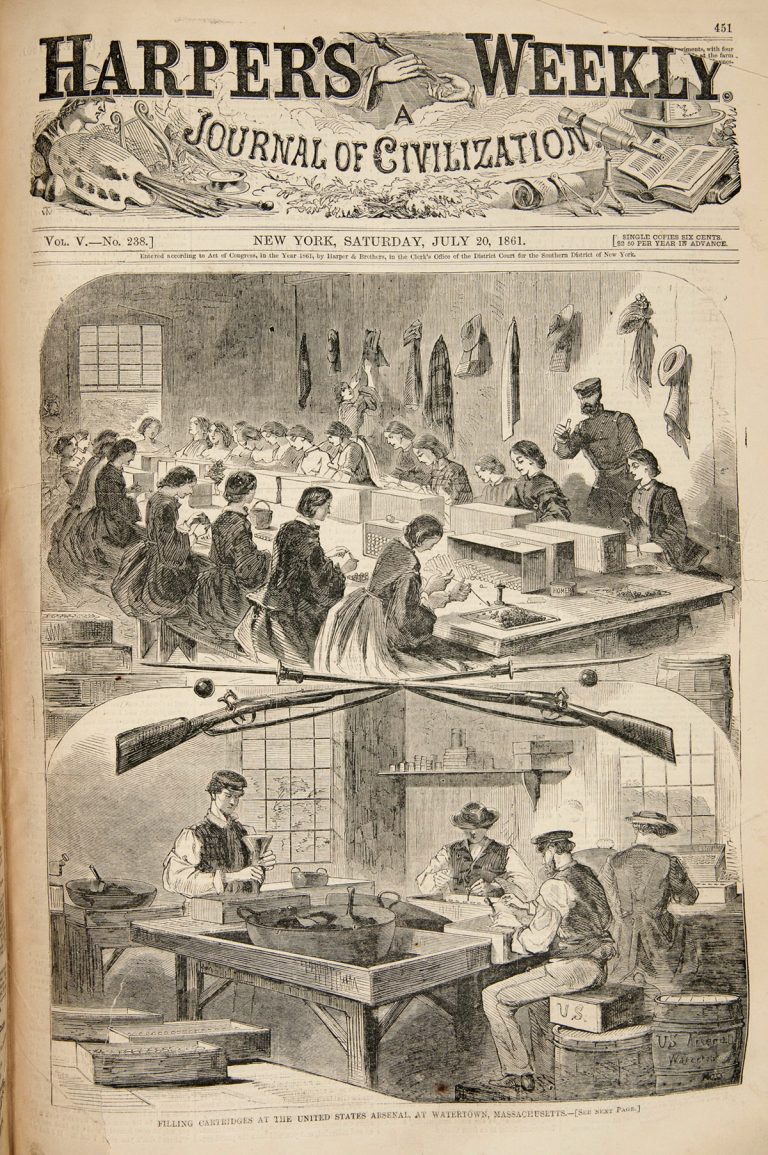 An illustrated cover of Harper’s Weekly just after the outbreak of the Civil War, dated July 20, 1861.