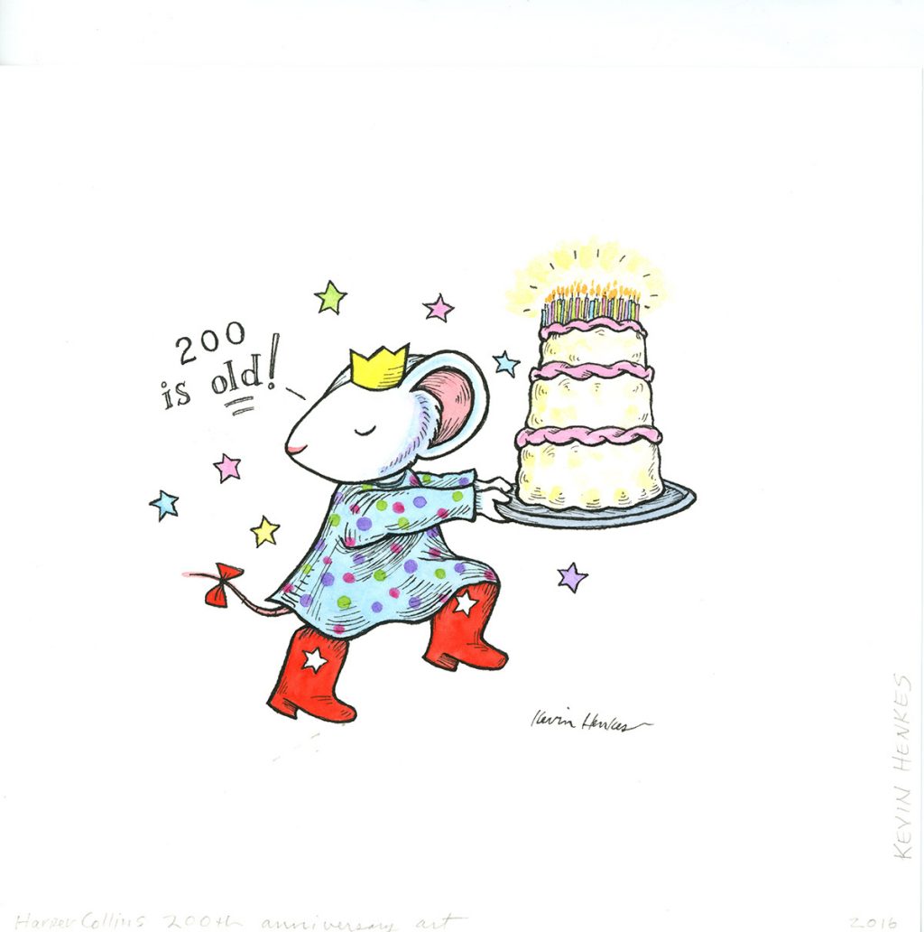 Sketch by Kevin Henkes. Mouse in red boots carries a birthday cake with 200 candles. 200 is old!