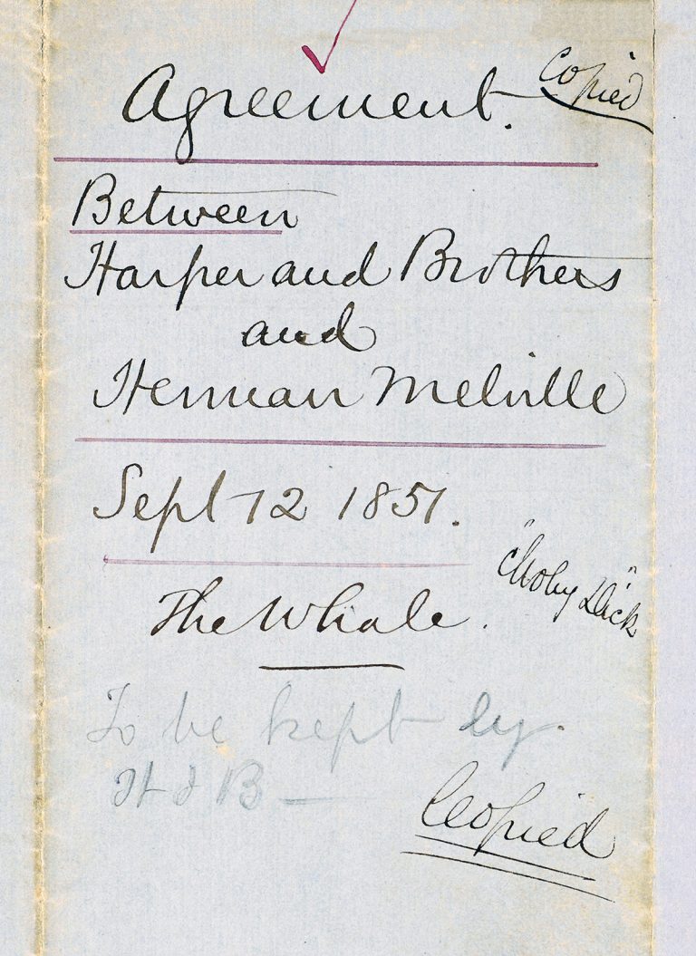 The original agreement between Herman Melville and Harper & Brothers for Moby-Dick, dated September 12, 1851.