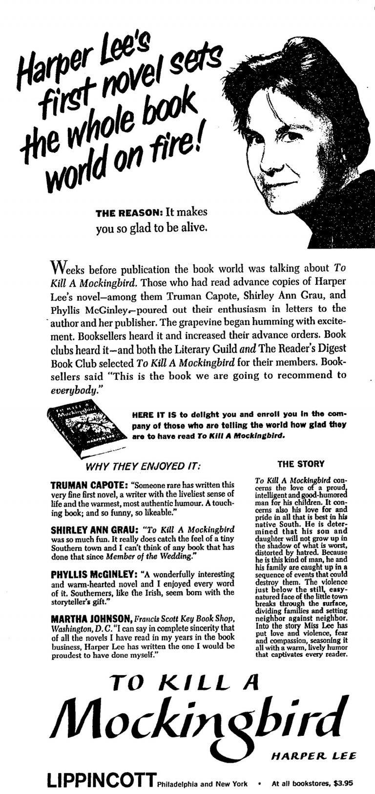 A New York Times advertisement announcing the publication of To Kill a Mockingbird by Harper Lee, which ran on July 17, 1960.