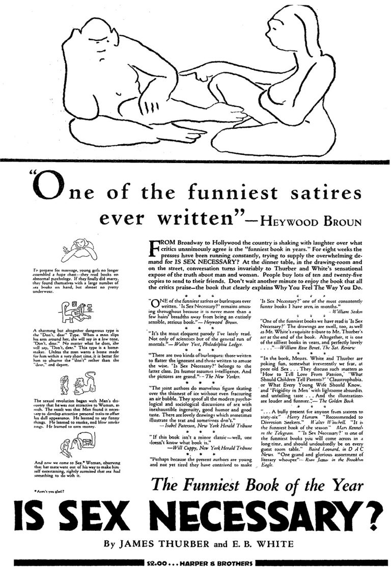 An advertisement for Is Sex Necessary? by James Thurber and E. B. White, published in The New York Times on January 19, 1930.