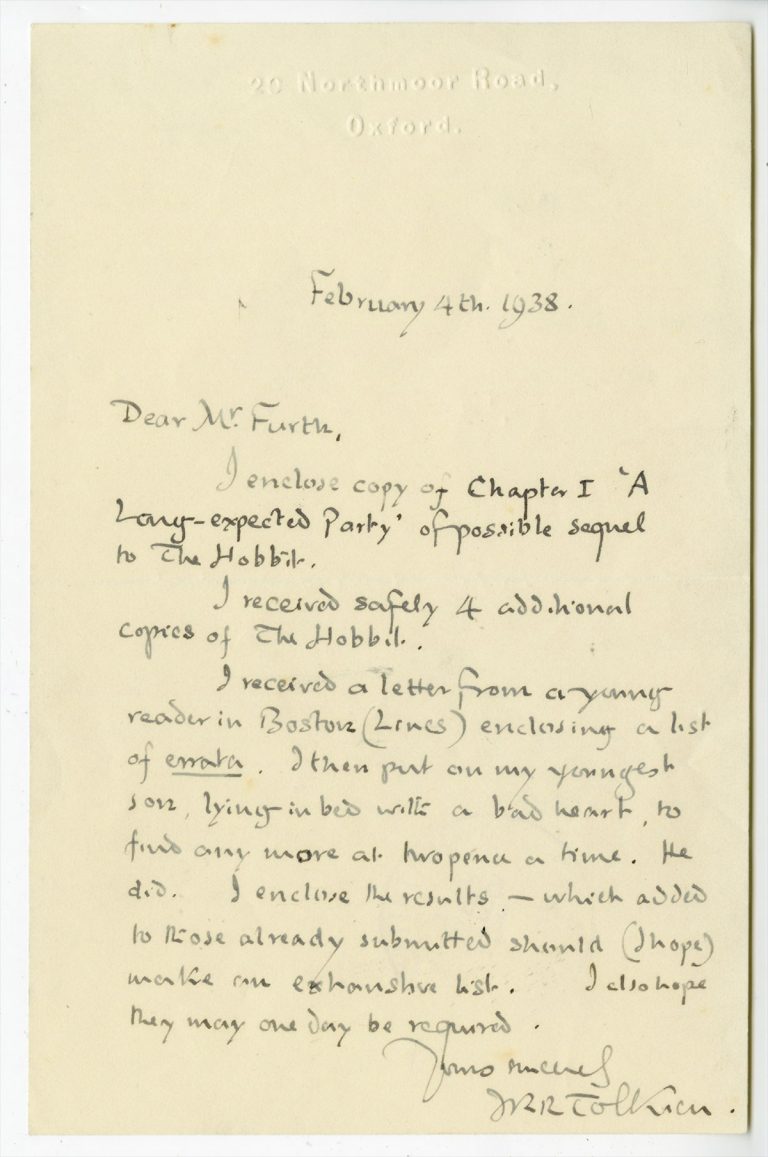 A letter from J. R. R. Tolkien to his editor regarding the first chapter of his “sequel” to The Hobbit, titled “A Long-expected Party”—which would become the first chapter of The Fellowship of the Ring.