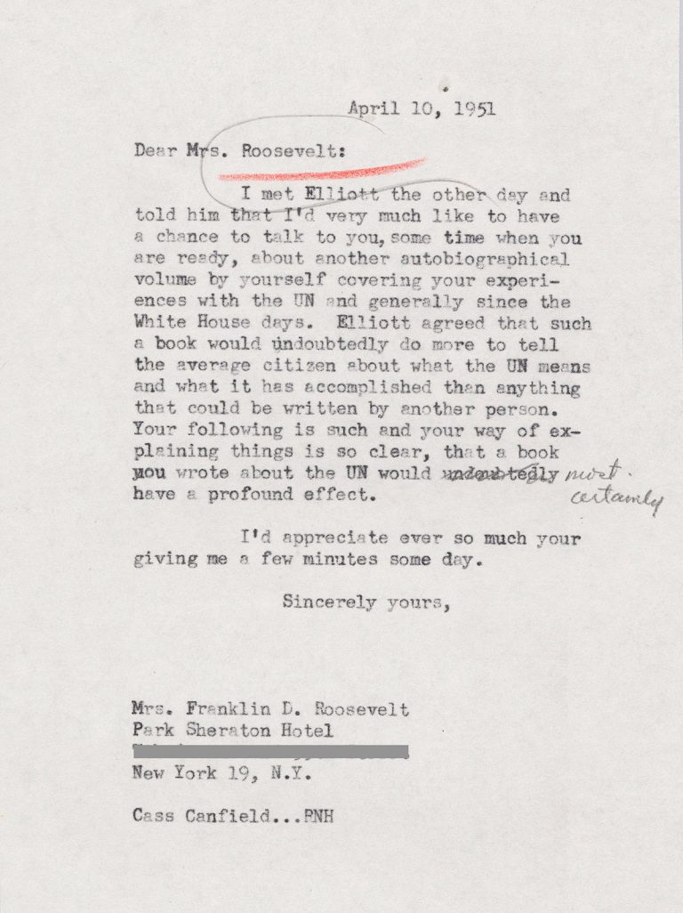 Letter to Eleanor Roosevelt regarding a new autobiographical book