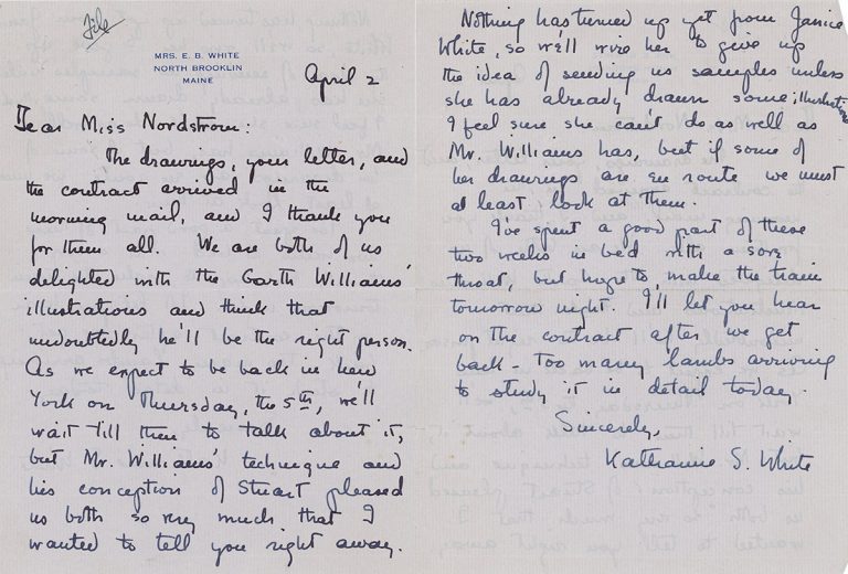 Letter from Katherine White (E. B. White’s wife) regarding Stuart Little’s illustrations