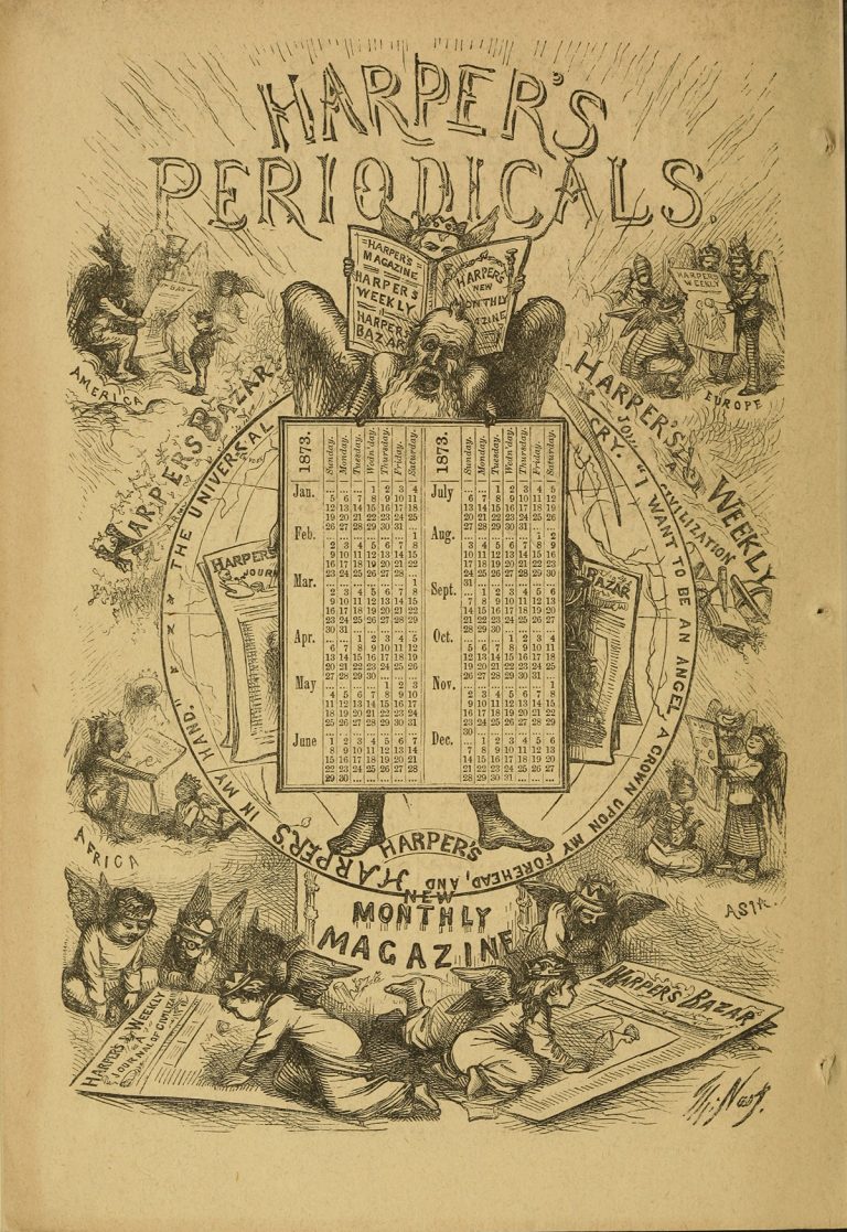 An ad promoting all of the Harper periodicals: Harper’s Weekly, Harper’s New Monthly, and Harper’s Bazaar.